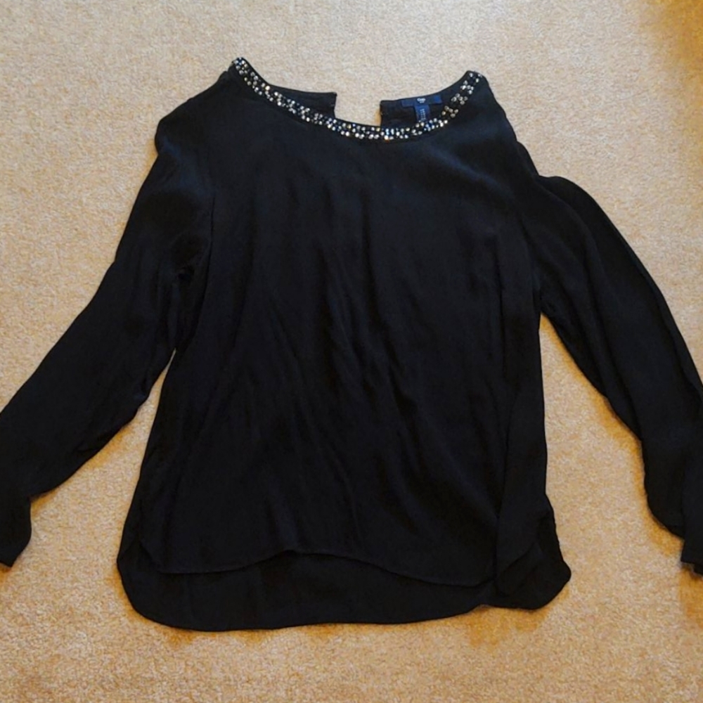 Black long sleeve beaded neck blouse